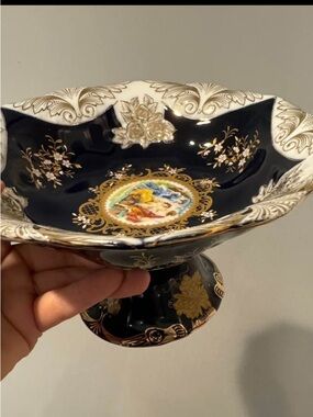 Blue and Gold Porcelain Pedestal Bowl with Hand-Painted Scene